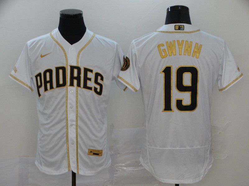 Men San Diego Padres 19 Gwynn White Retro gold character Nike Elite MLB Jerseys